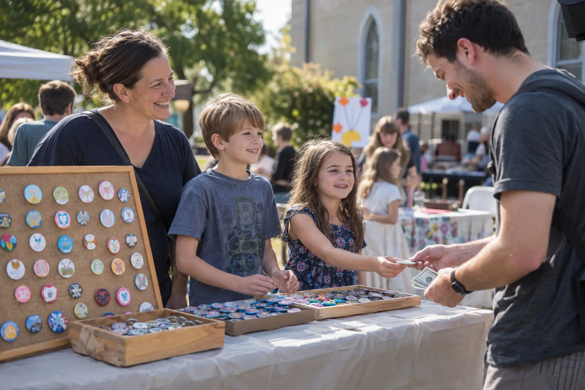 A parent and two kids selling pin-back buttons from a felt board at an outdoor fundraiser table while a passerby hands over cash