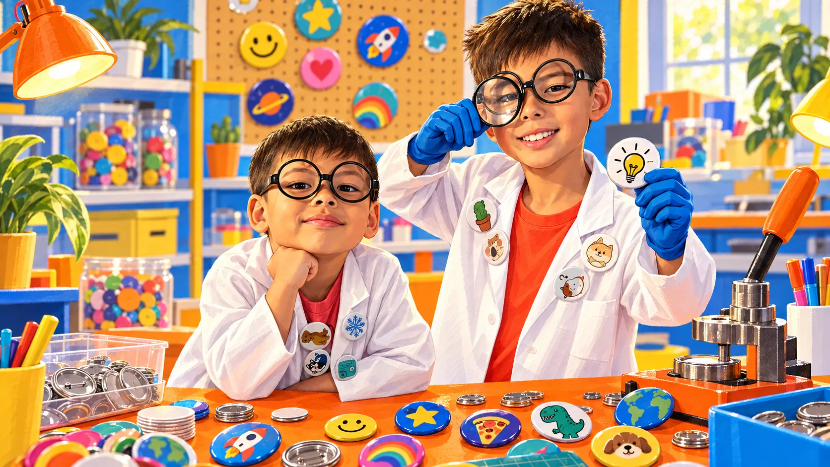 Illustration of Max and Gus as buttonologists in their lab coats