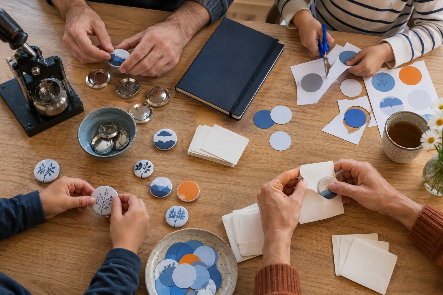 Illustrative scene of hands making button designs at a table