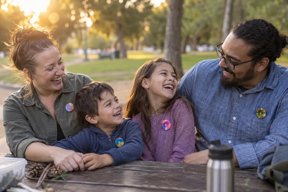 Illustrative scene of a family wearing buttons at an outdoor table
